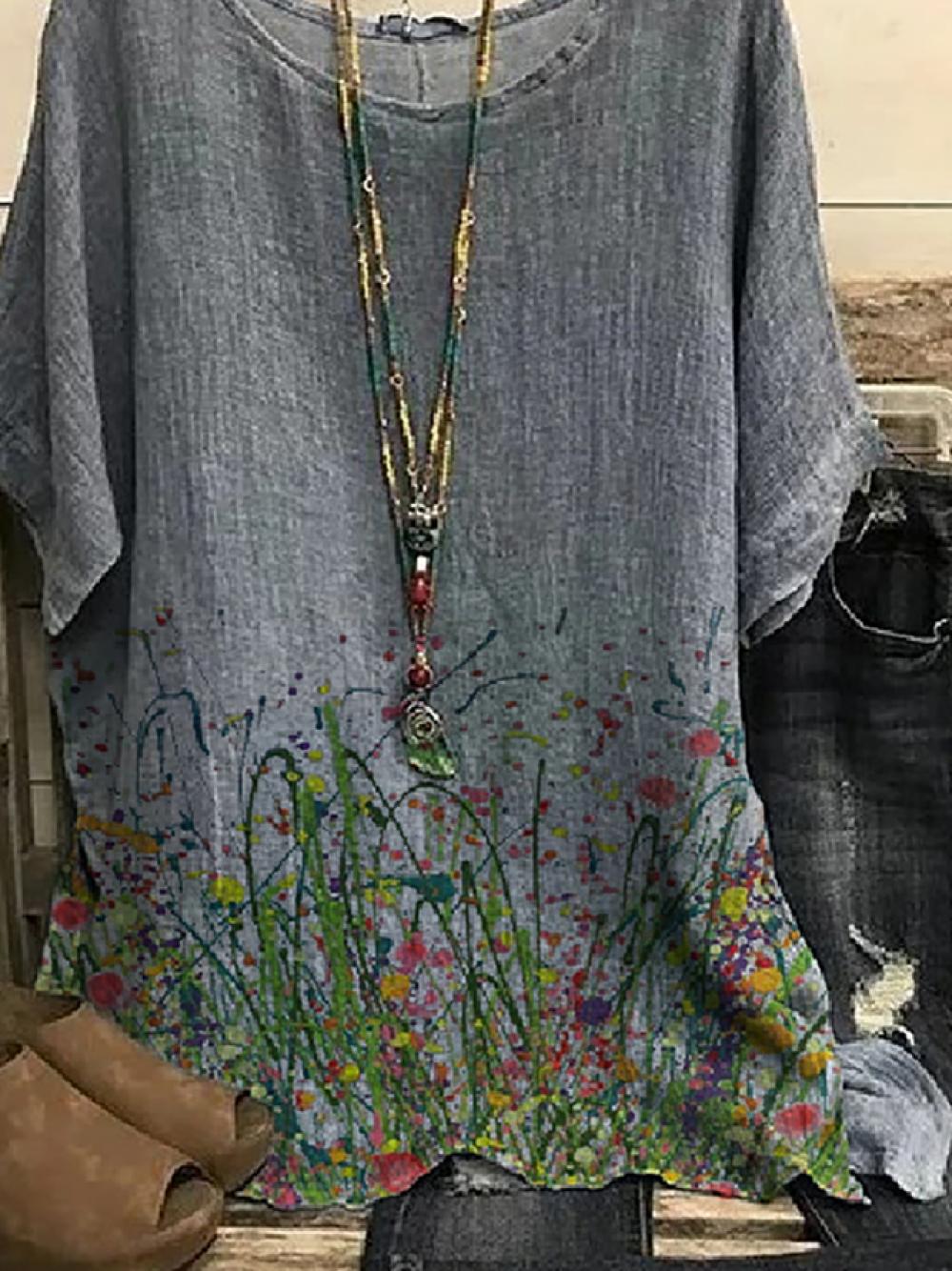 LilyWish Crew Neck Casual Floral Print Short Sleeve Blouse