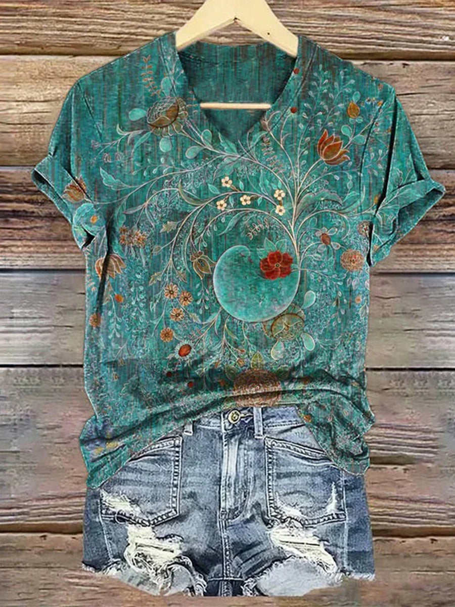 LilyWish Vintage Floral Print V-neck Short Sleeve T-Shirt