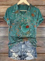 LilyWish Vintage Floral Print V-neck Short Sleeve T-Shirt
