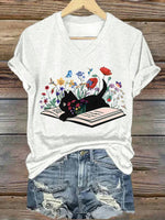 LilyWish Casual Cat Print V-neck Short Sleeve T-Shirt