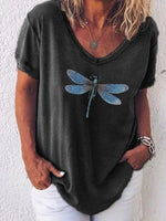 Women's Casual V-Neck Dragonfly Print Short Sleeve T-Shirt Top