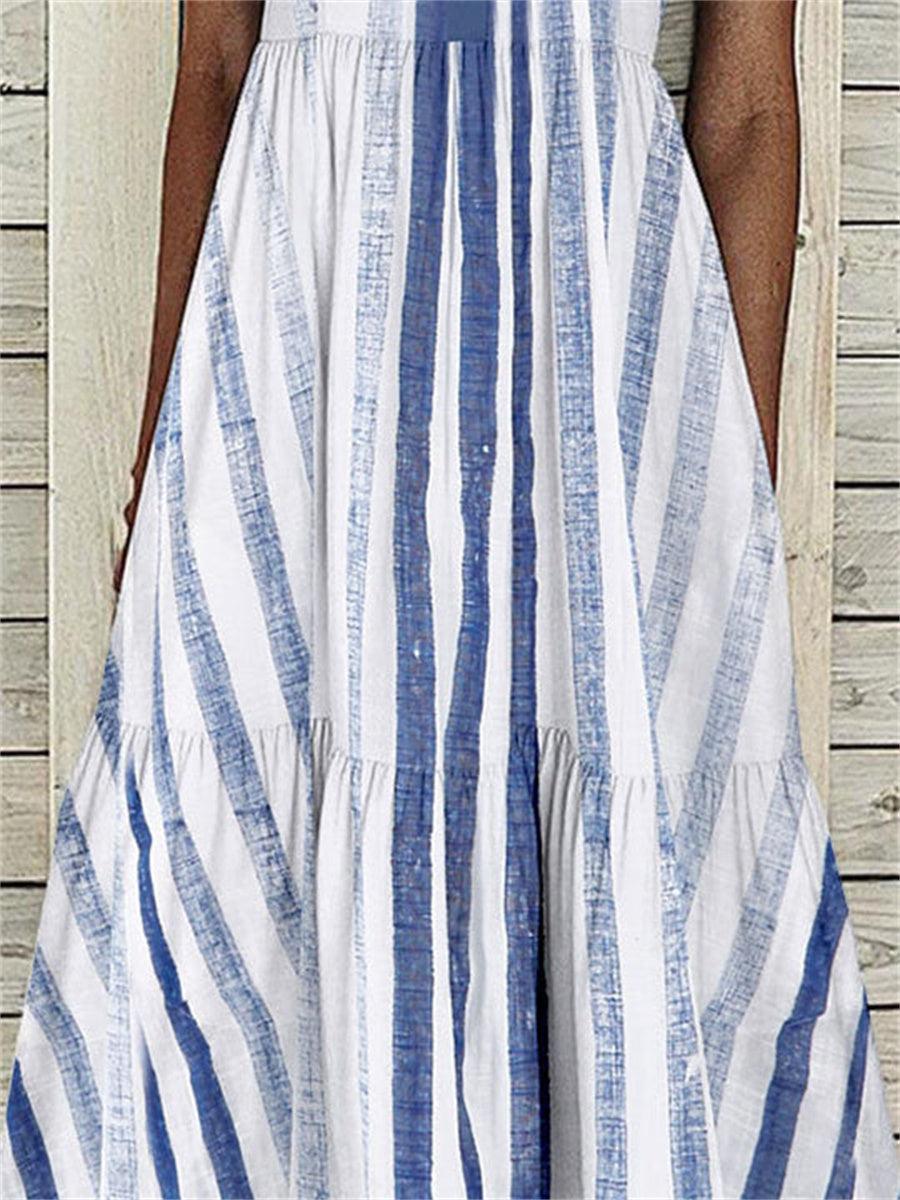 LilyWish Women Sleeveless Lapel Striped Printed Graphic Button Pockets Maxi Dress