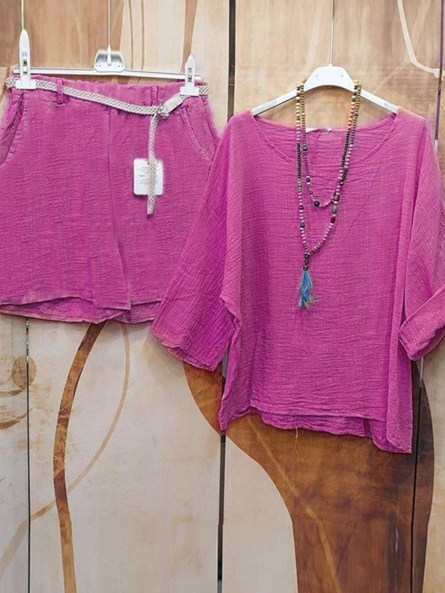 Rose Red Casual Round Neck Solid Long Sleeve Two Piece Sets