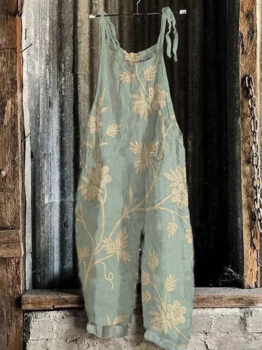 LilyWish Retro Floral Art Print Casual Loose Jumpsuit