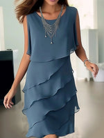 LilyWish Pure Color Ruffle Crew Neck Sleeveless Dress