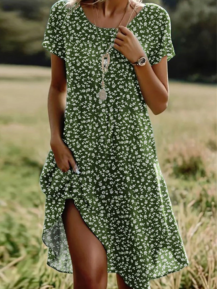 Casual Crew Neck Short Sleeve Floral Print Green Midi Dress