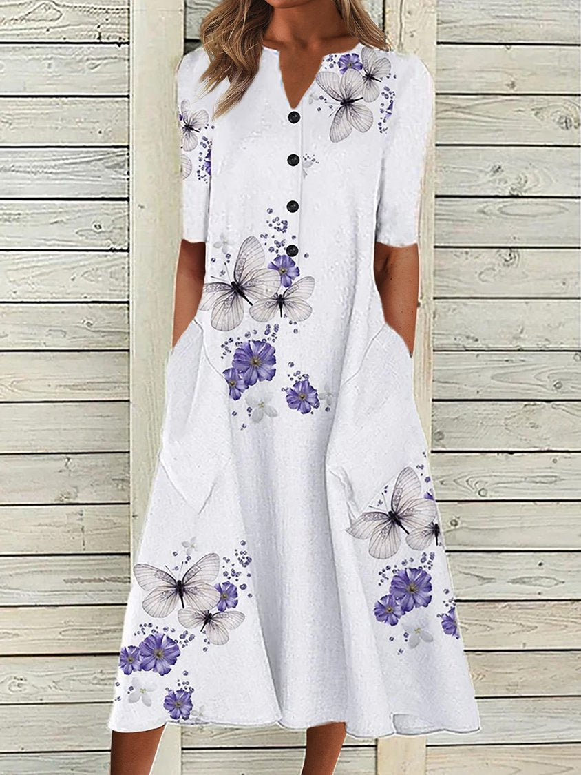 White Casual V Neck Floral Printed Half Sleeve Dress
