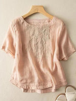 Art Retro Embroidery Short Sleeve Patchwork Shirt