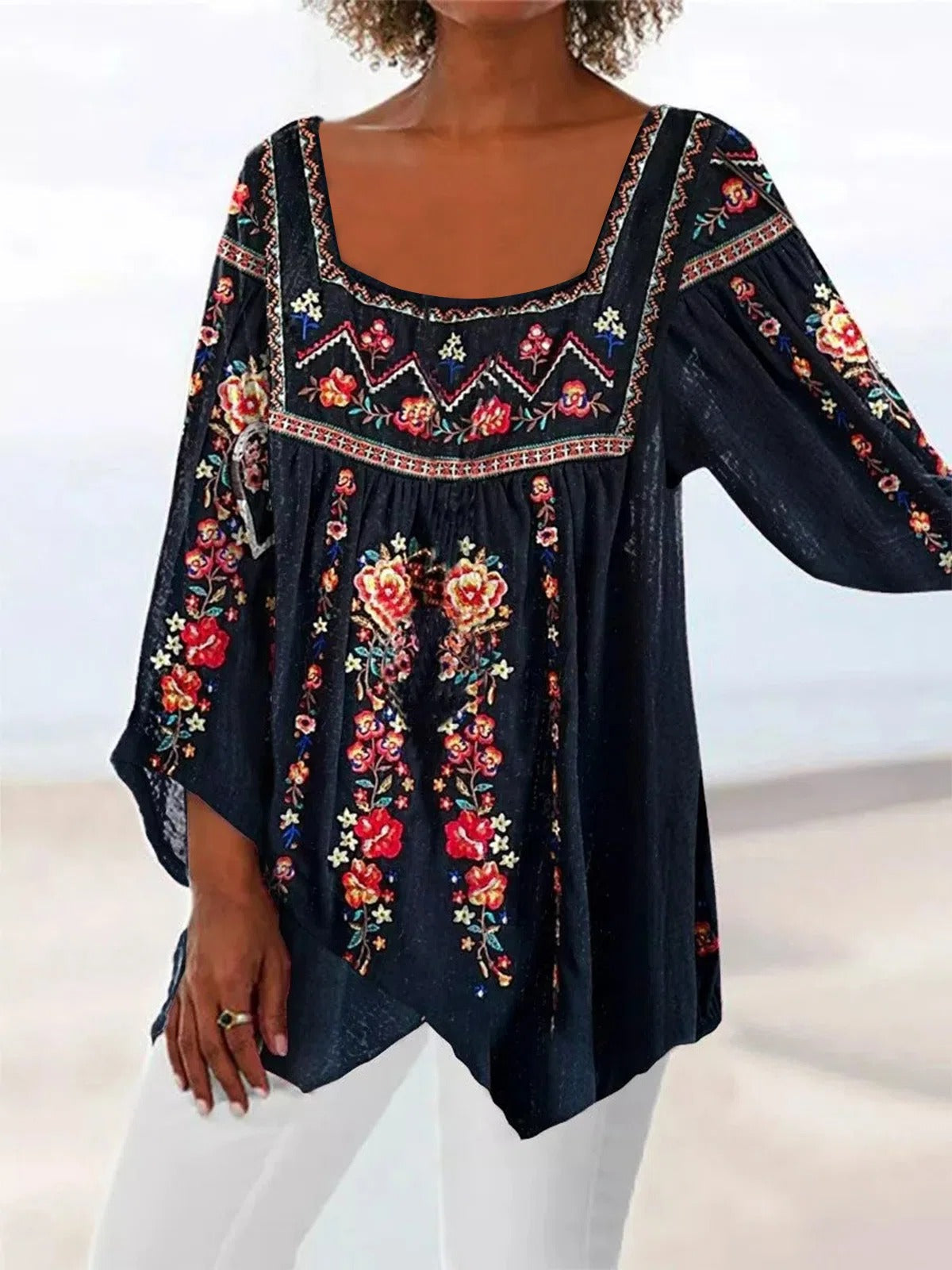 Black Casual Square Neck Floral Printed Long Sleeve Blouse