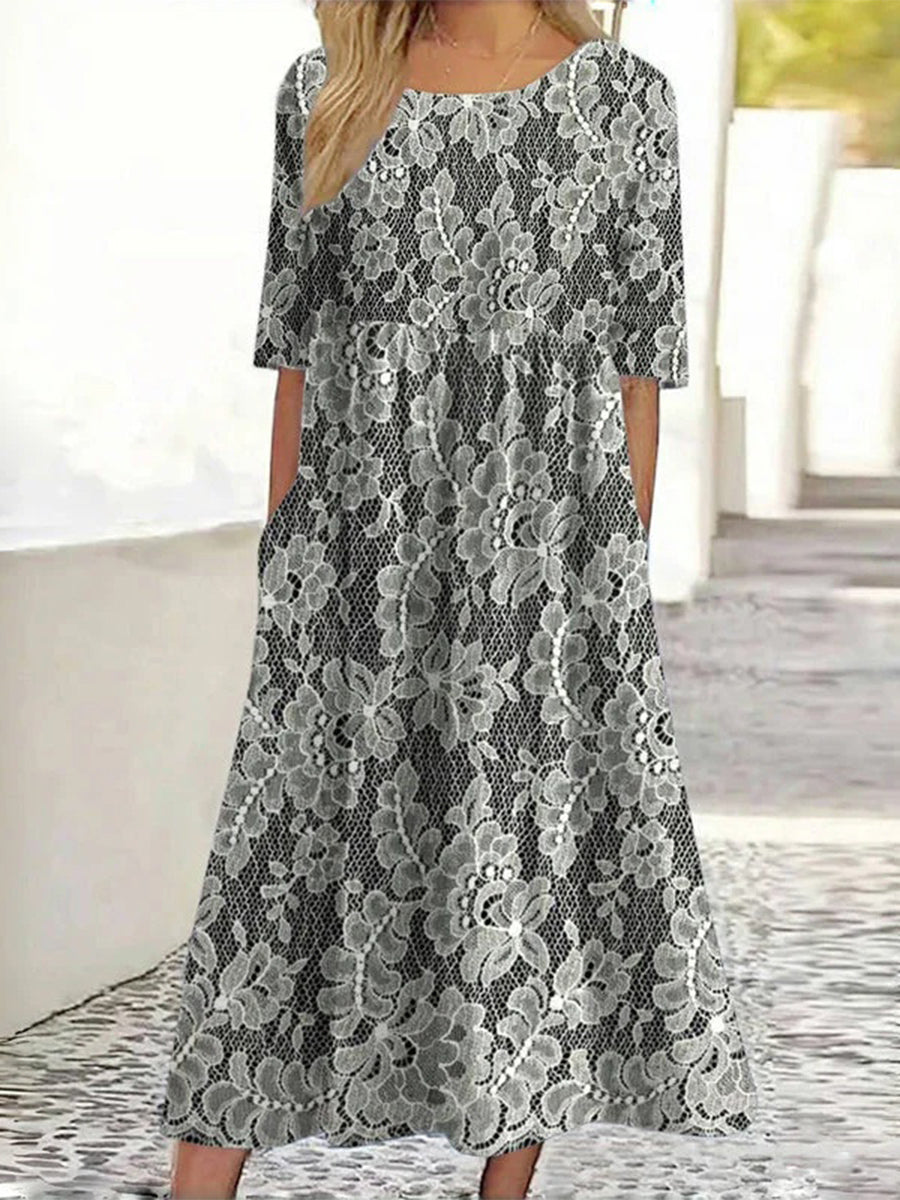 LilyWish Vintage Floral Print Round Neck Half Sleeve Dress