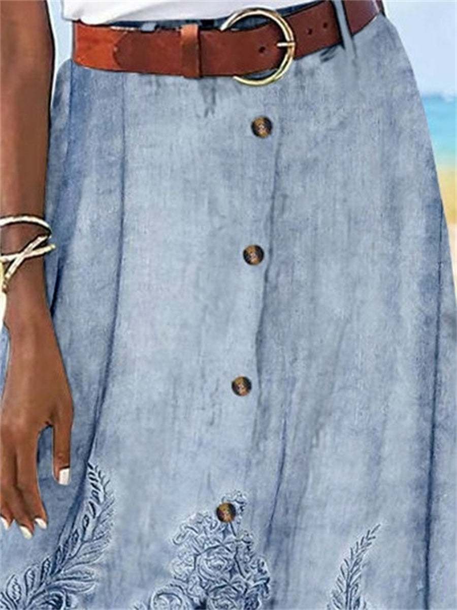 Women's Floral Printed Graphic Straight Fashion Split Button Maxi High Waist Skirt