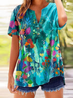 LilyWish Chic Floral Print V-Neck Short Sleeve Top