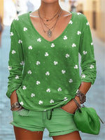 Shamrock Print V-neck Long Sleeve T-Shirt