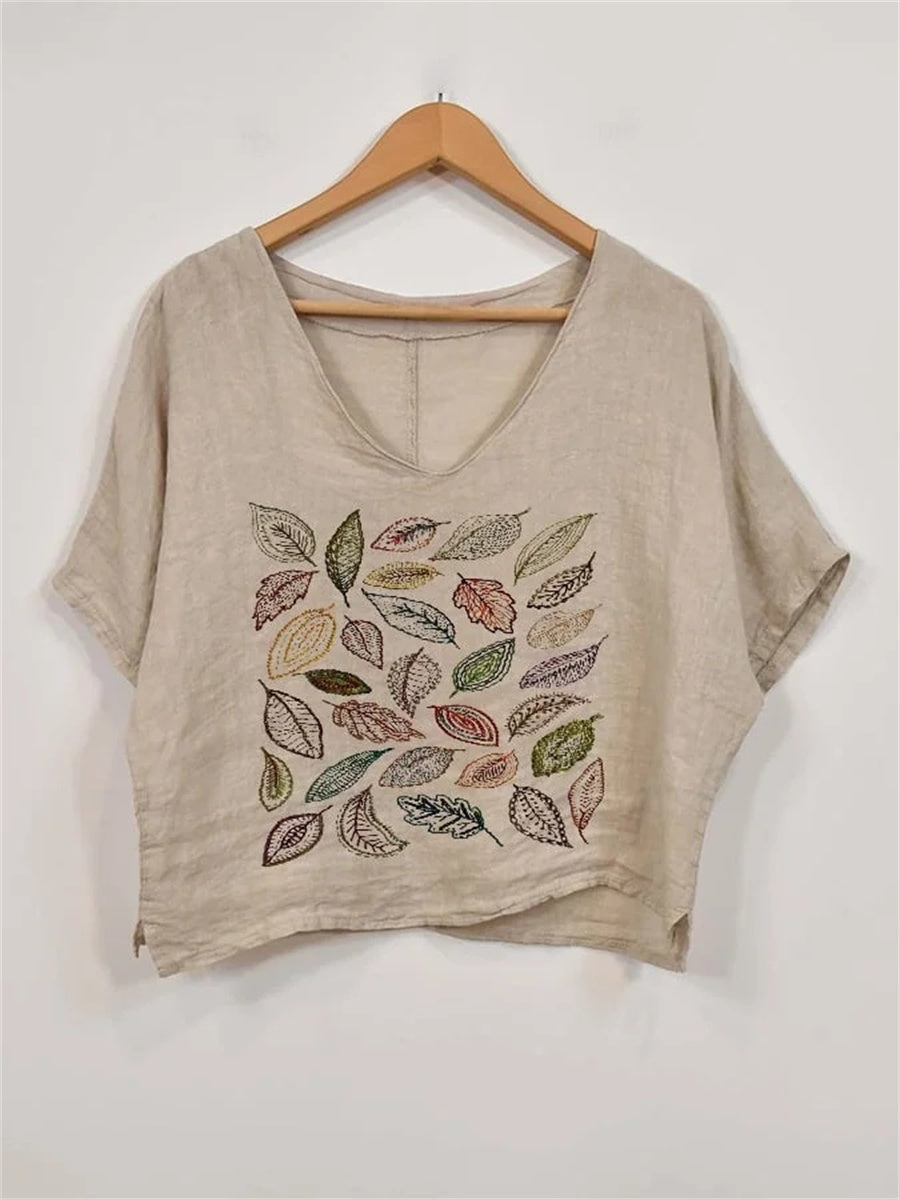 Women's V-Neck Embroidered Leaf And Floral Print Linen Top