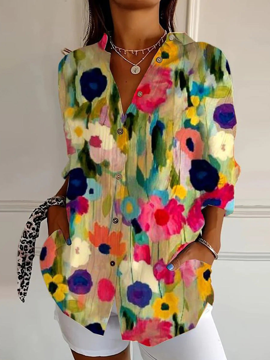 LilyWish Elegant Floral Print Collared Long Sleeve Shirt