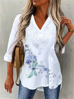 Dragonfly Floral Print V-neck Buttons Lace Blouse