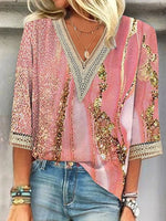 LilyWish Pink Casual V Neck Printed 3/4 Sleeve Blouse