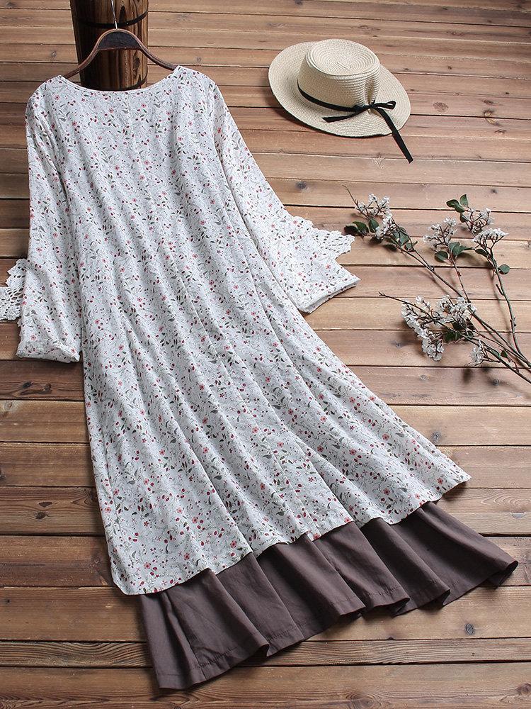 LilyWish Vintage Patchwork Print V-Neck Maxi Dress with Pockets