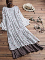 LilyWish Vintage Patchwork Print V-Neck Maxi Dress with Pockets