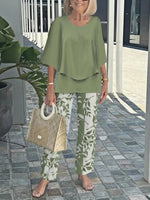 Women's Elegant Green Two-Piece Set with Layered Top & Leaf Print Pants
