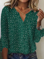 LilyWish Green Vintage Polka Dot V Neck Blouse