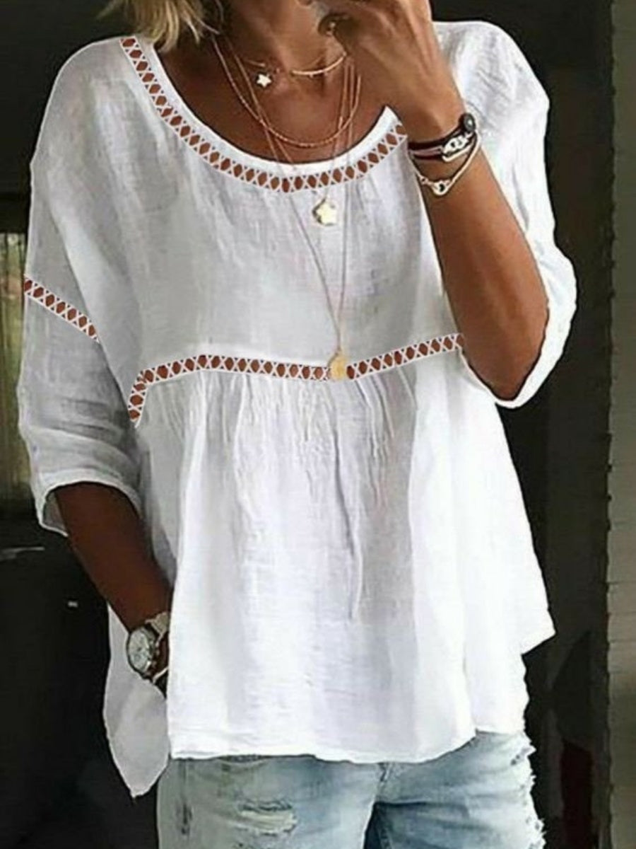 LilyWish Plain Crew Neck 3/4 Sleeve White Comfy Blouse