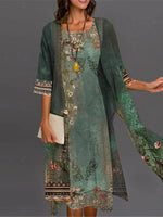Floral Print Round Neck 3/4 Sleeve Two Piece Dress