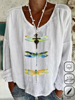 LilyWish Dragonfly Print Crew Neck Long Sleeve Loose Blouse