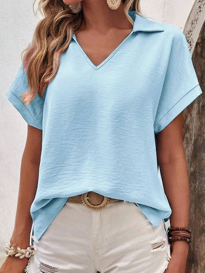 LilyWish Blue Casual V Neck Solid Short Sleeve Blouse