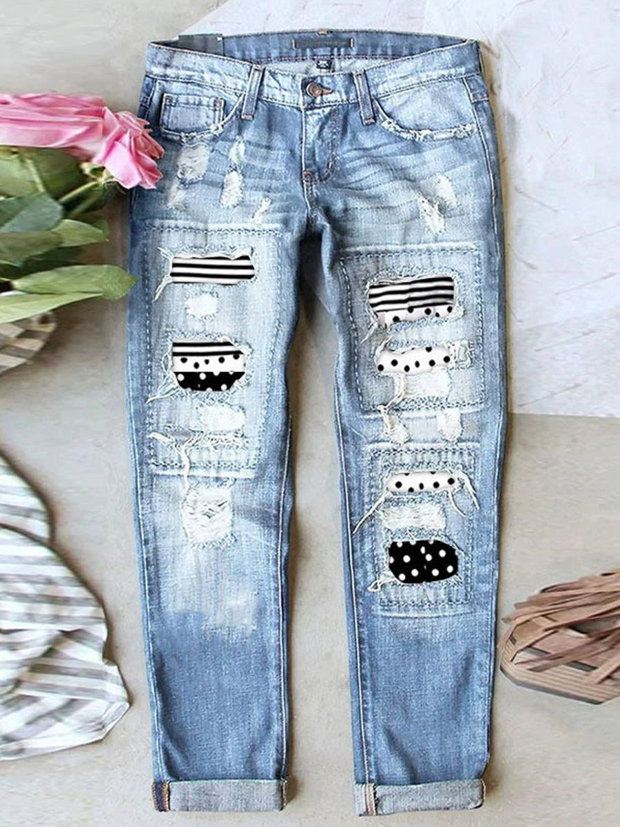 LilyWish Stretch Ripped Frayed Raw Hem Distressed Jeans