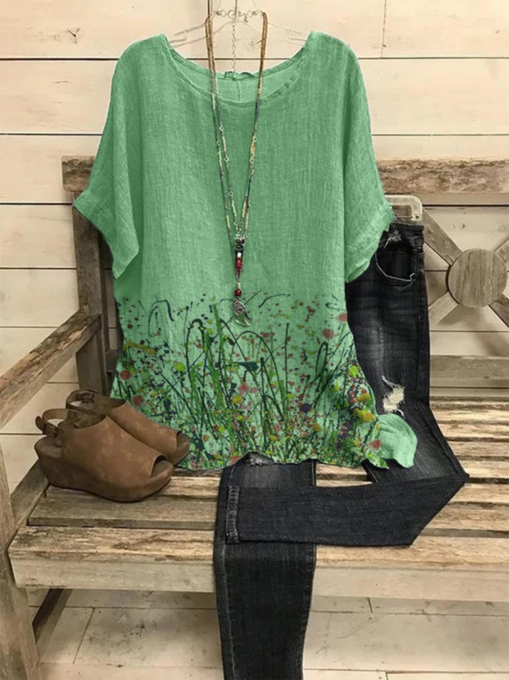 LilyWish Crew Neck Casual Floral Print Short Sleeve Blouse