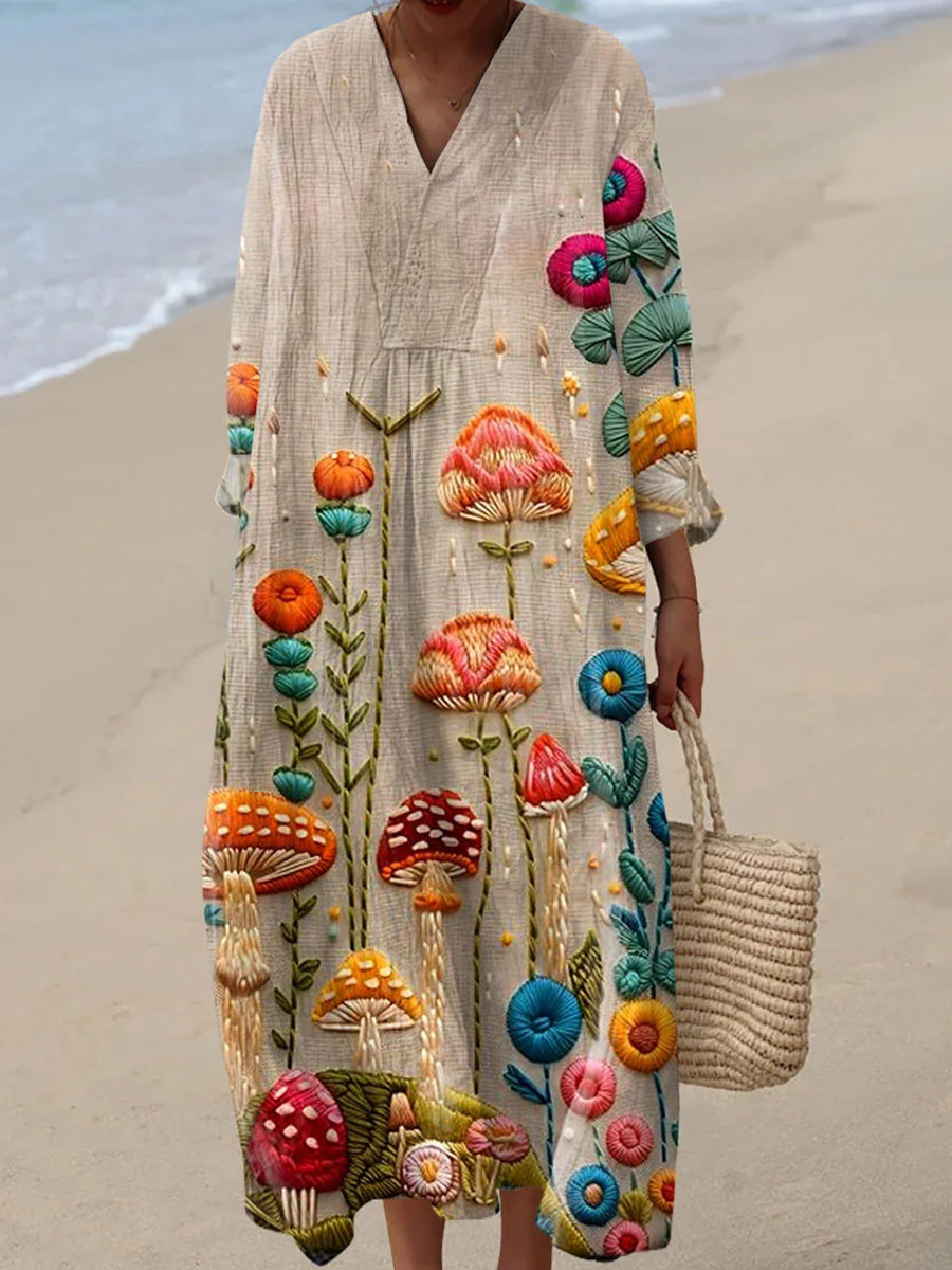 LilyWish Floral Art Print V-neck Long Sleeve Dress