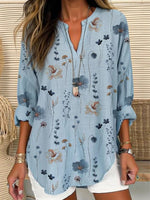 LilyWish Floral Linen Shirt Collar Loose Blouse