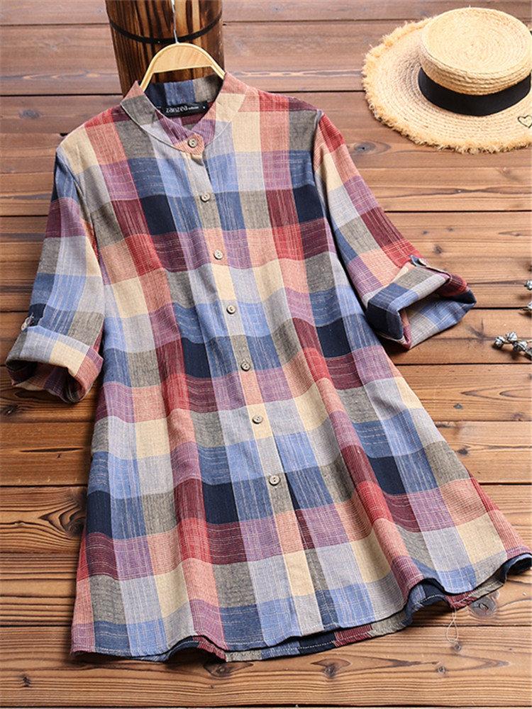LilyWish Vintage Print Plaid Multicolor Long Sleeve Button Blouse