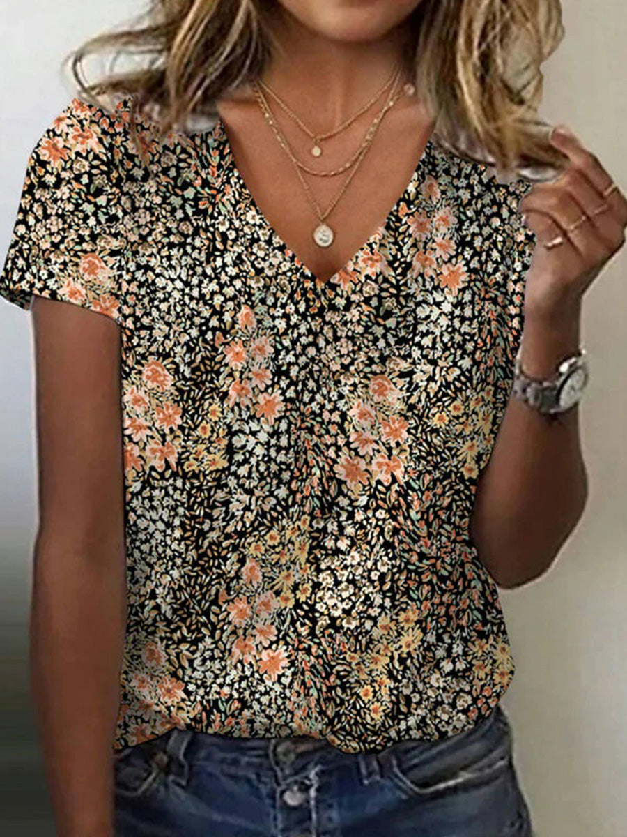 LilyWish Vintage Floral Print V-neck Short Sleeve T-Shirt