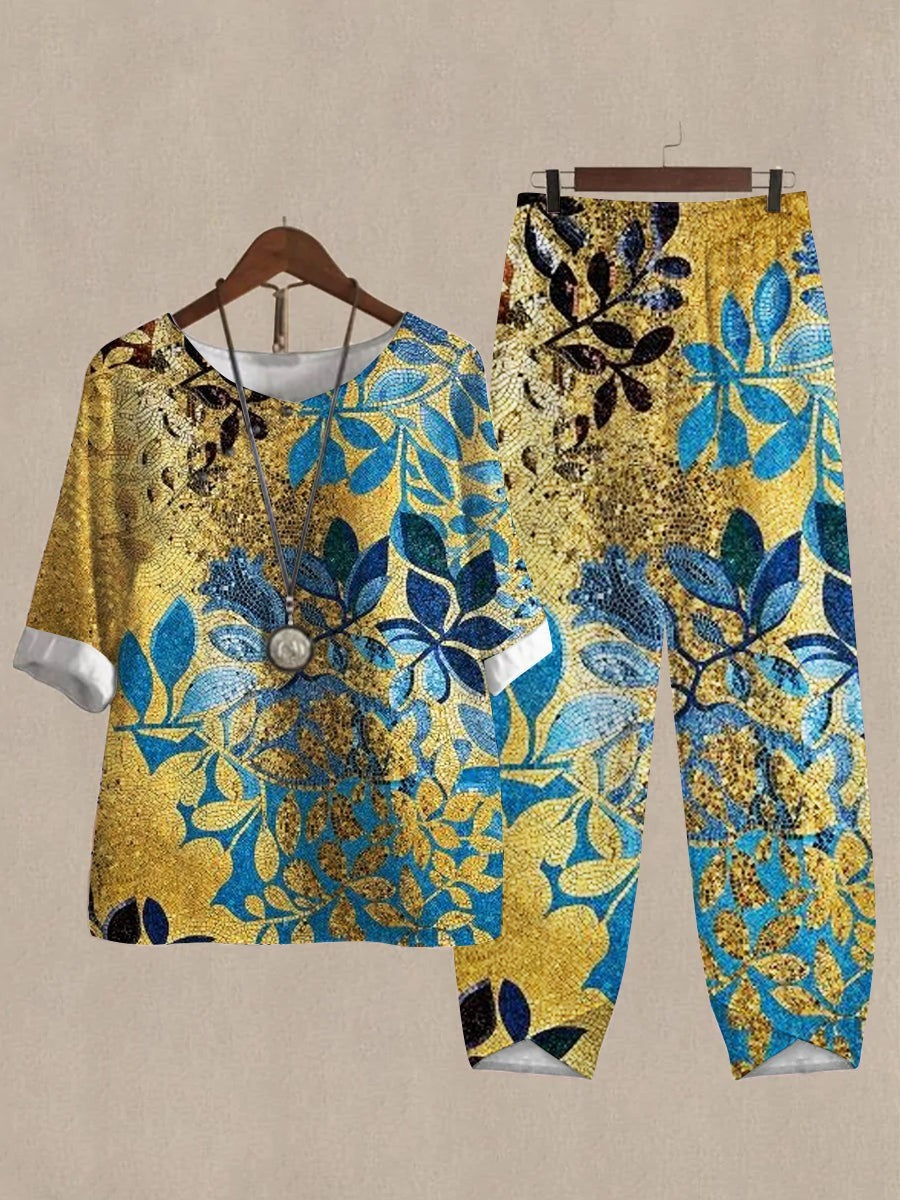 Yellow Casual Round Neck Printed Half Sleeve Two Piece Sets