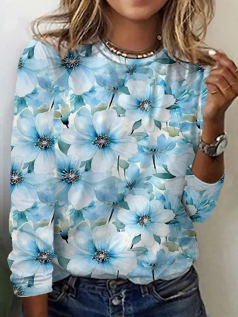 Round Neck Long Sleeve Floral Print Blue Top