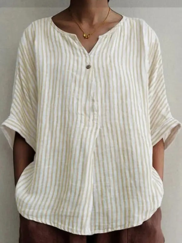 LilyWish White Apricot Casual V Neck Stripe Printed Half Sleeve Blouse
