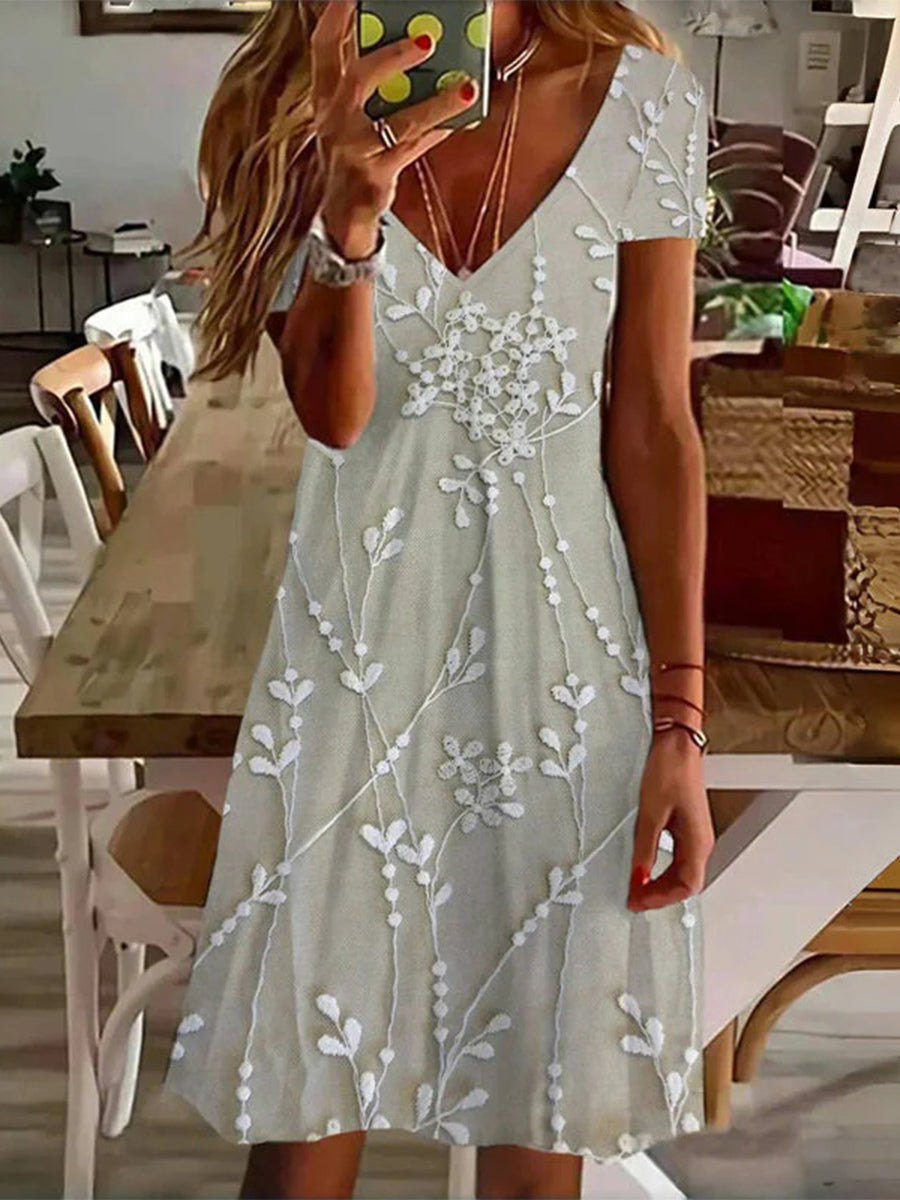 LilyWish Vintage Leaf Print V-neck Short Sleeve Dress
