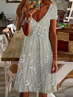 LilyWish Vintage Leaf Print V-neck Short Sleeve Dress