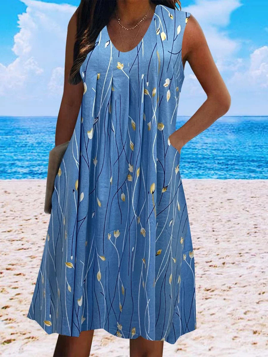 Women's Sleeveless Scoop Neck Graphic Floral Printed Midi Dress