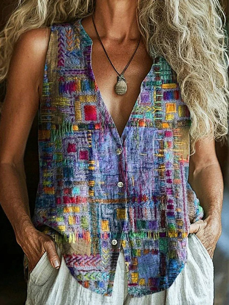 LilyWish Vintage Colourful V-neck Sleeveless Blouse