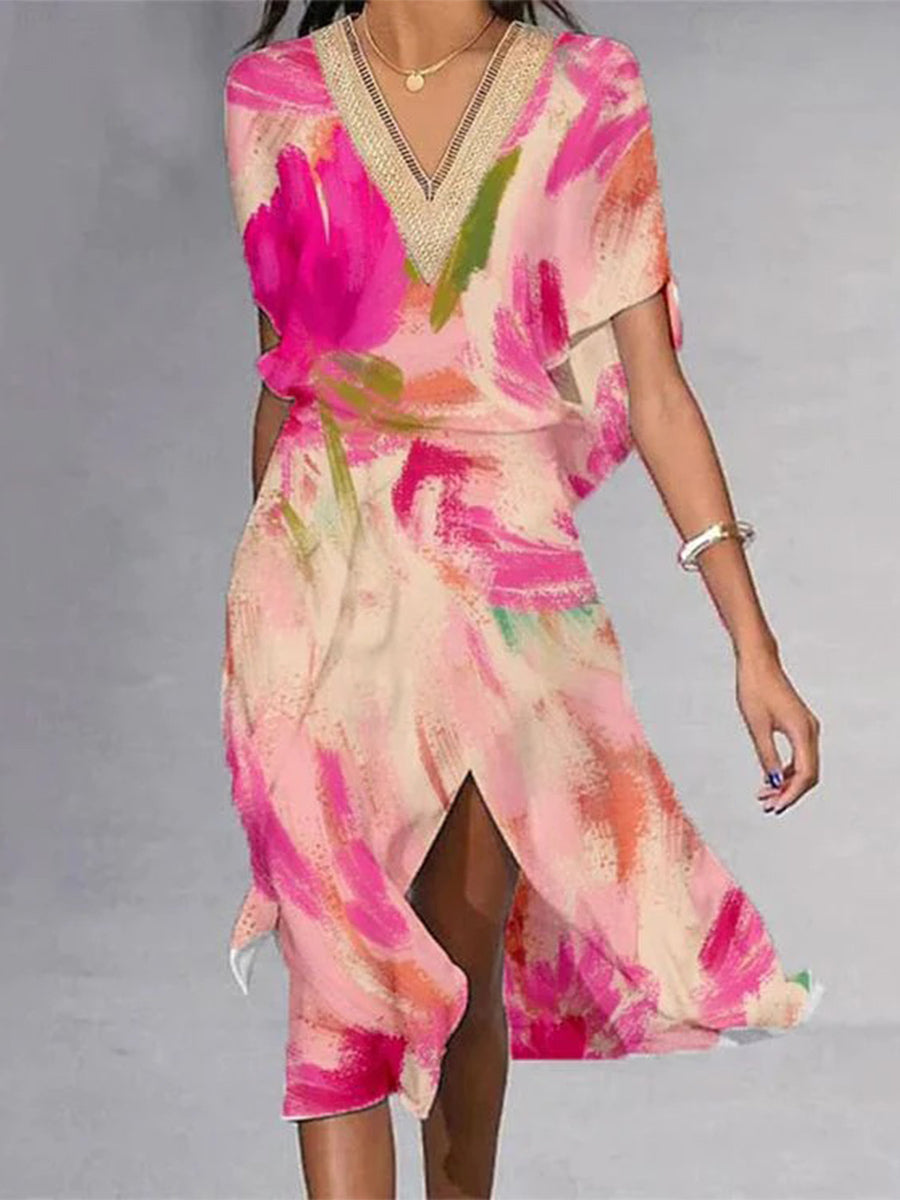 Sweet Pink V-Neck Long Sleeve Midi Dress