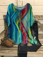Colorful Casual Round Neck Stripe Printed Short Sleeve Blouse