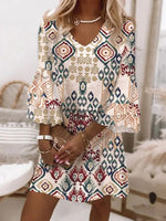 Geometric Printed V-neck Half Sleeve Casual Dress