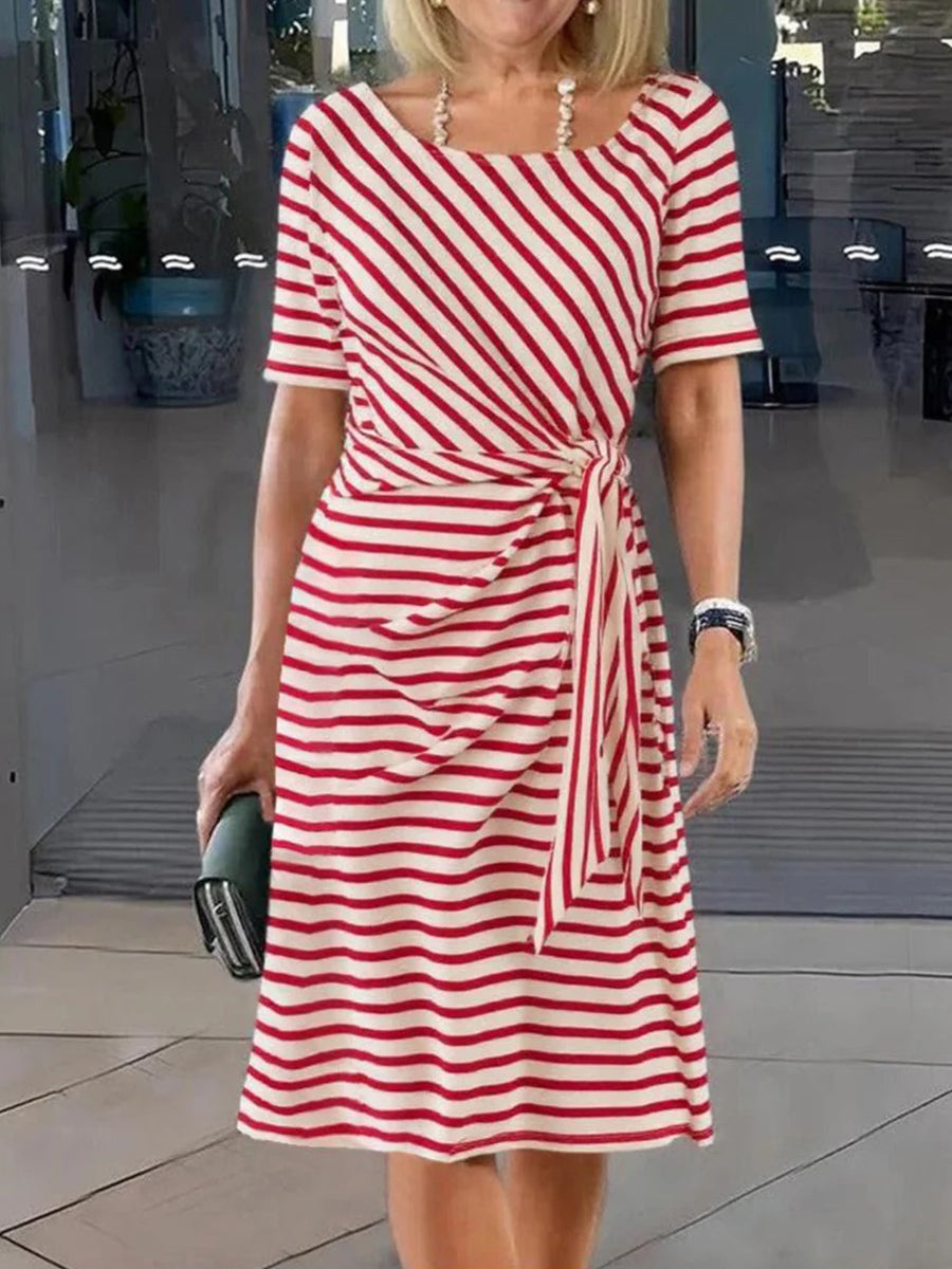 LilyWish Unique Striped Print Short Sleeve Midi Dress