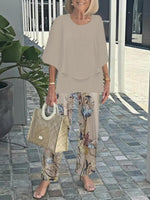 Stylish Khaki Floral Print Round Neck 3/4 Sleeve Two Piece Set
