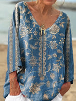 Blue V-Neck 3/4 Sleeve Top