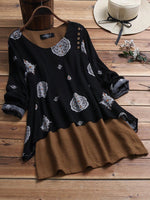 LilyWish Ethnic Print Patch Long Sleeve Crew Neck Blouse