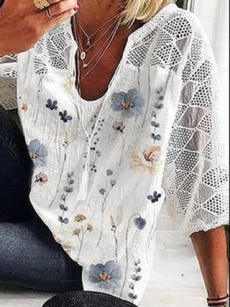 LilyWish White Casual V Neck Floral Printed Half Sleeve Blouse